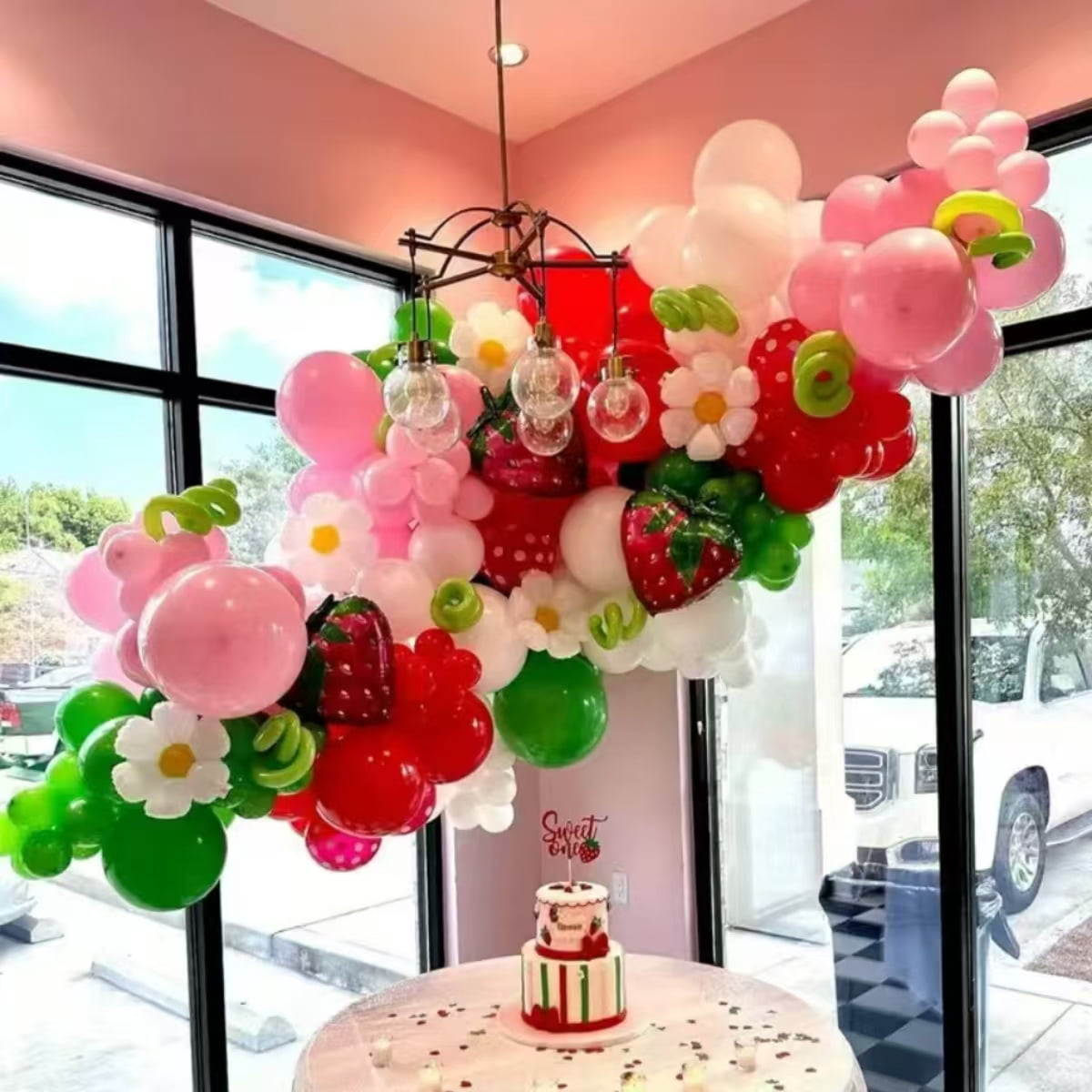 Strawberry Balloons Arch Kit 145 Pieces, Red Light Pink Green and White with Balloon for Strawberry Party Decoration, Girls or Boys Birthday  Berry Sweet Baby Shower Decorations