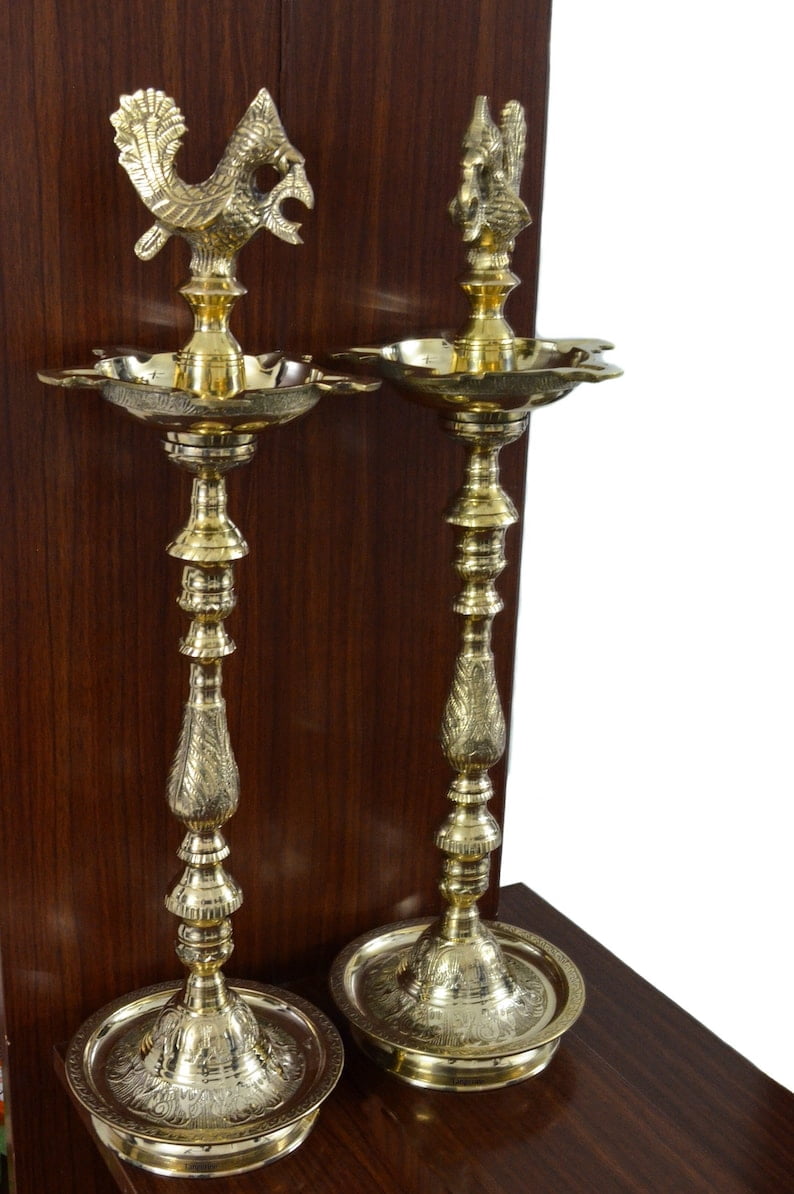 Mahabharat Diya || Kuthu Vilakku || Brass Oil Lamp Traditionally Designed Nakasi with Annapakshi/Peacock- Size: Height- 24 inches