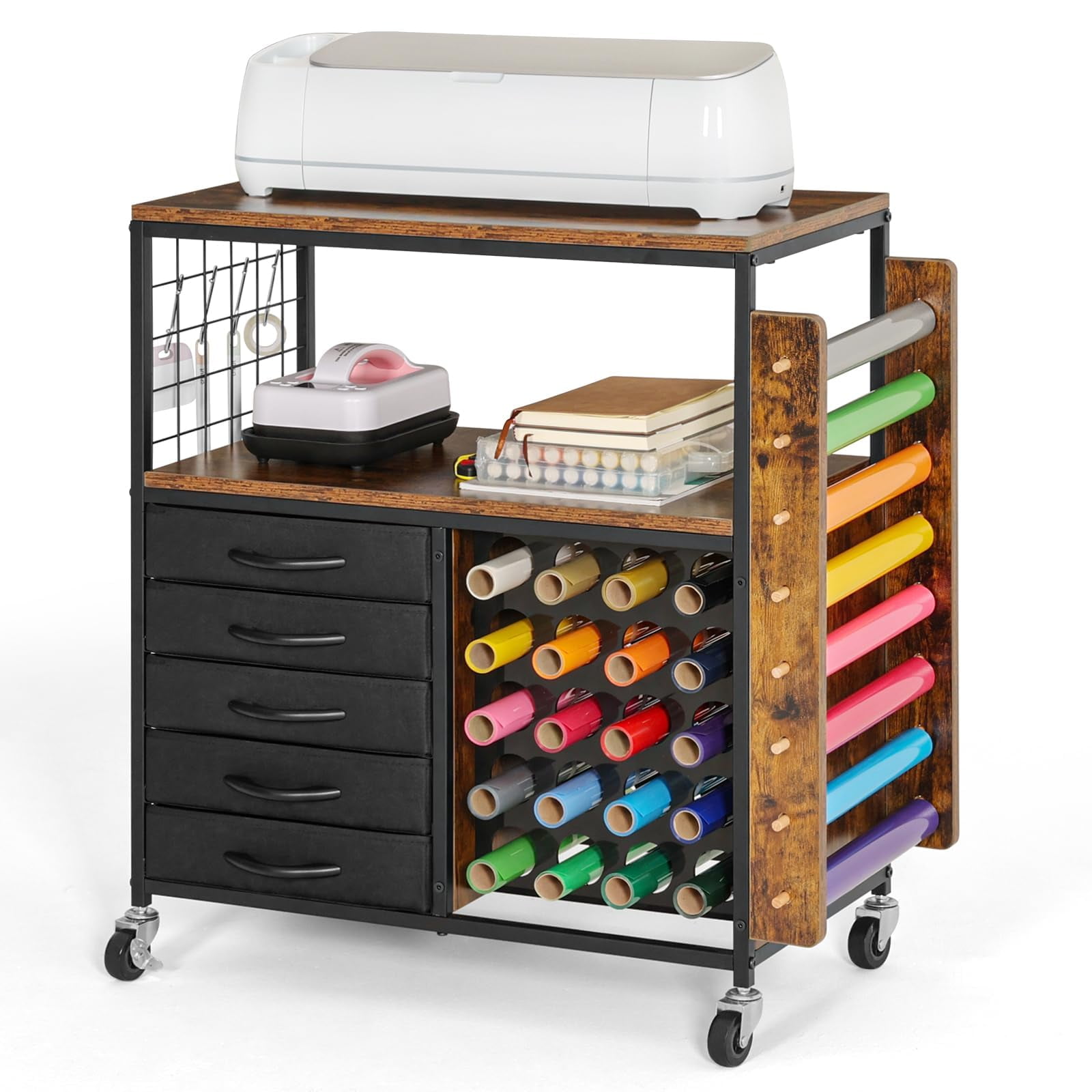 Trironsun Rolling Craft Cart Compatible With Cricut Cutting Machine Stand With Drawers Vinyl Holder, Storage Trolley For Cricut Craft Accessories (Rustic Brown