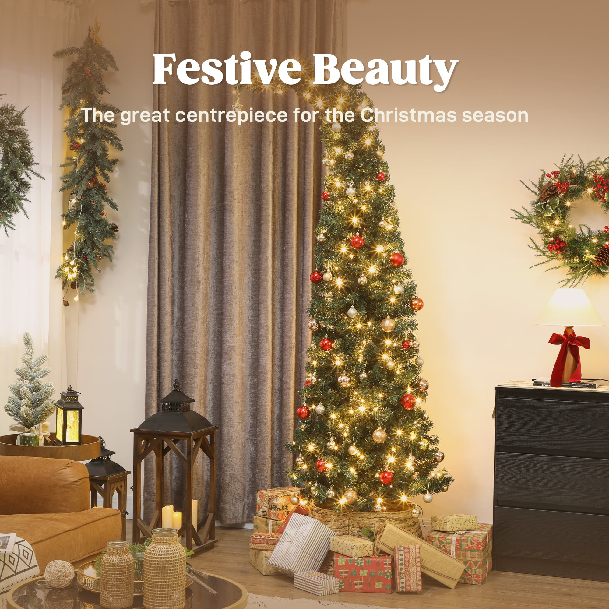 6FT Artificial Christmas Tree, Pre-installed with 1000 Branches and 300 LED Lights, Featuring a Foldable Metal Stand, Perfect for Family Gatherings and Christmas Decorations.