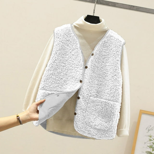 IMENGL Autumn Winter solid color lamb wool cotton vest pockets, White 2XL, Size M-5XL