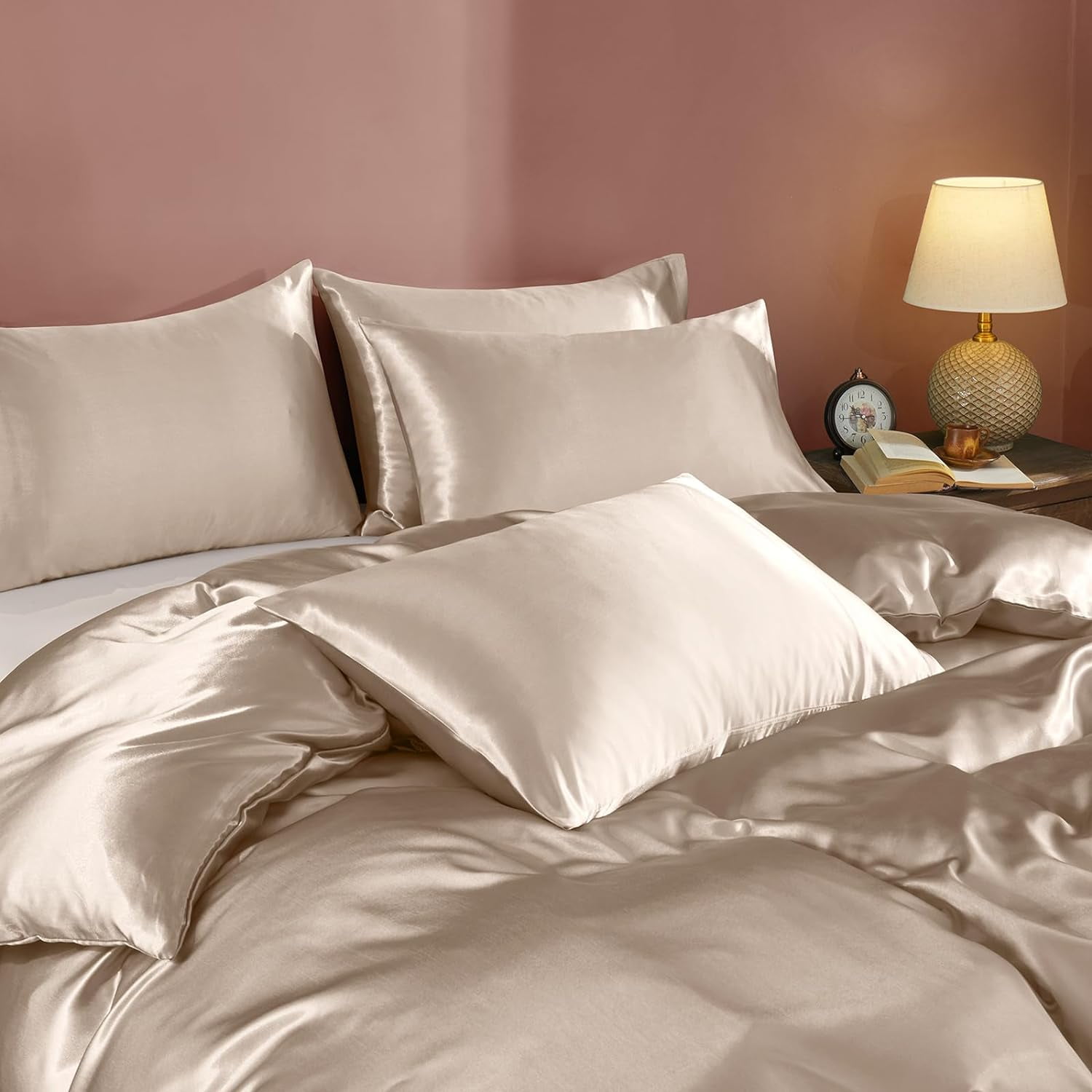 Vogue Linen Pure Mulberry Silk Duvet Cover - 30 Momme 6A Graded Silk - 1 Piece Duvet Cover Full/Queen 90" x 90", Beige
