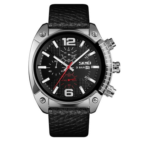 SKMEI 9190 Modern Multifunctional Quartz Men's Watch 3ATM Waterproof Big Face Casual Business Male Watch Luminous Day Date Chronograph Wristwatch with Leather Strap Band