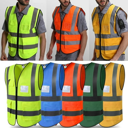 New Men Protection Hi-Vis Safety Vest Coat Zipper Reflective Work Security Waistcoat Warp Knitting Cloth Size