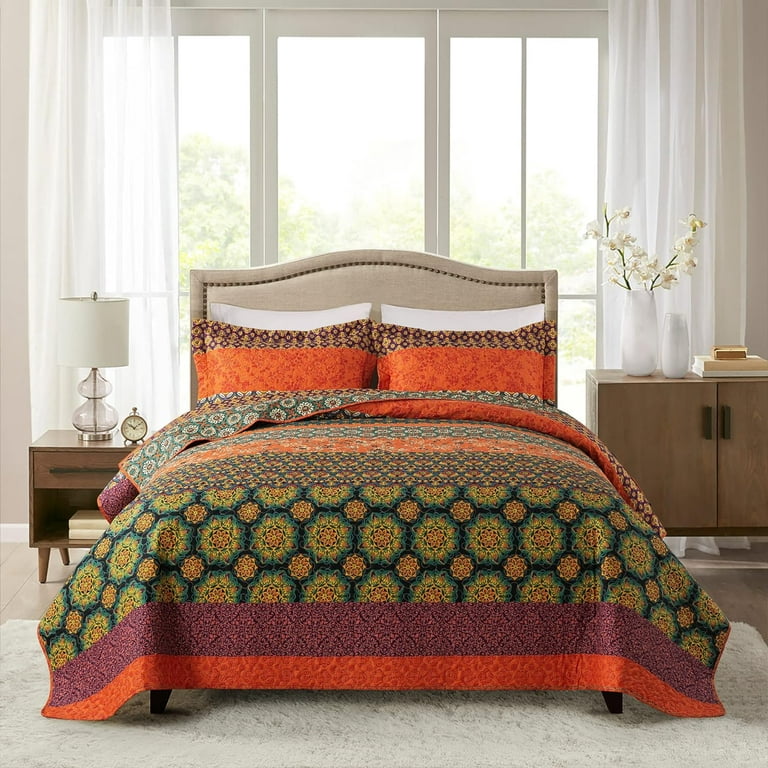 EWAYBY Queen Quilt Bedding Set 3-Piece Bedspread Coverlet Set Reversible  Floral Patchwork Quilt Sets, Black Orange