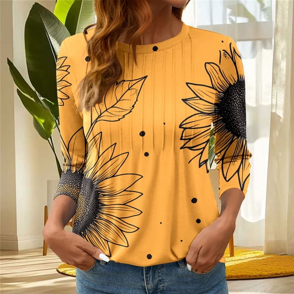 Heisall Women's T-Shirts 3/4 Sleeve Round Neck Loose Casual Striped Non-positional Print Spring/Autumn Fashion