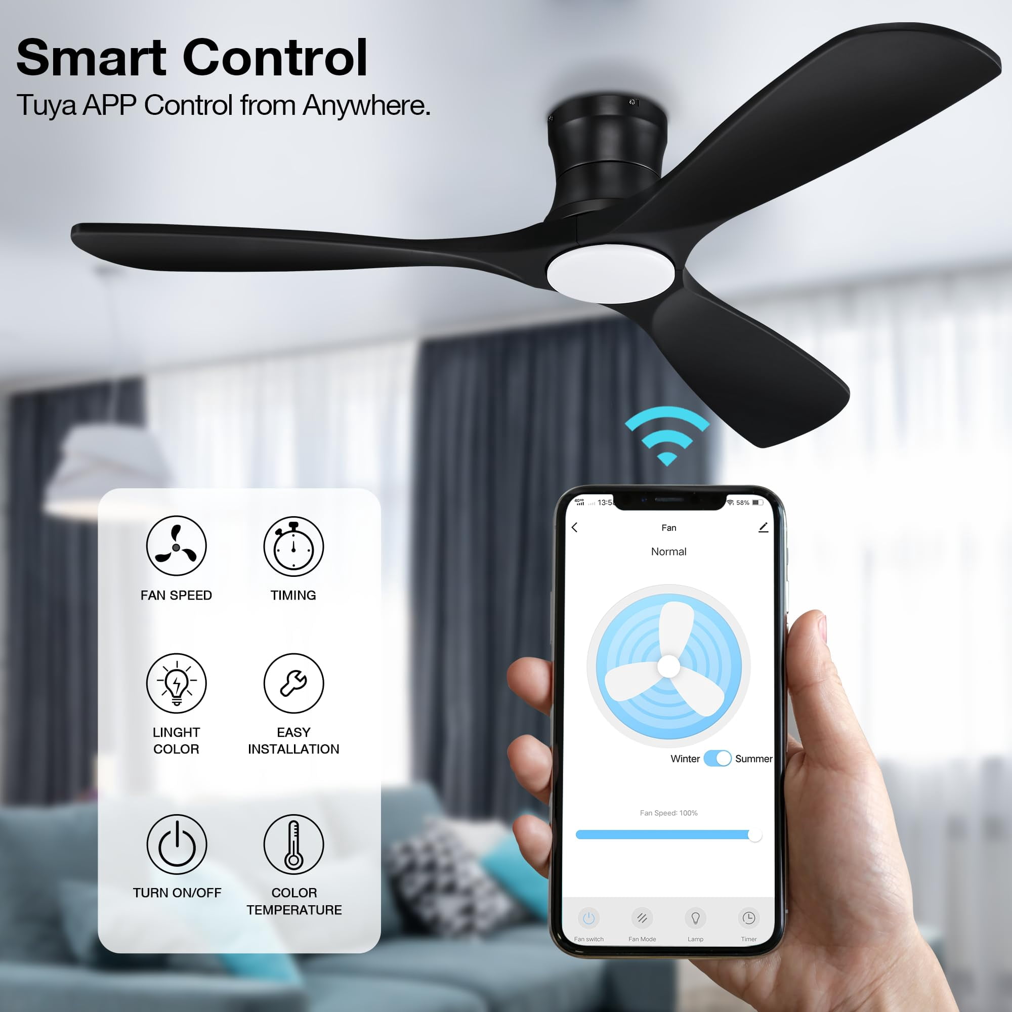 52 Inch Smart Wood Low Profile Ceiling Fan with Lights Remote,Quiet DC Motor, Modern Black for Bedroom Living Room Patio Porch, Outdoor Indoor Flush Mount Ceiling Fans Controlled by WIFI Alexa App