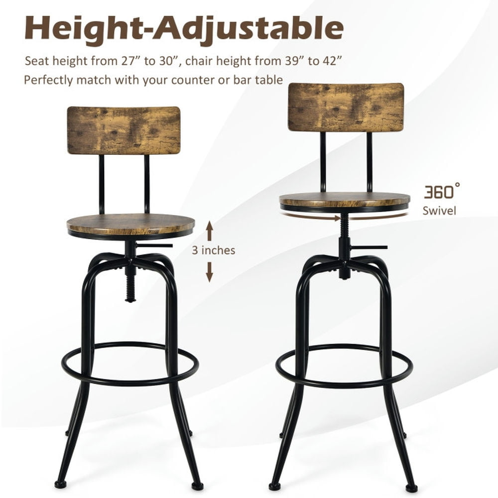 Demi Bonn Set of 2 Adjustable Swivel Counter-Height Bar Stool with Arc-Shaped Backrest, Modern Dining Chair, Brown