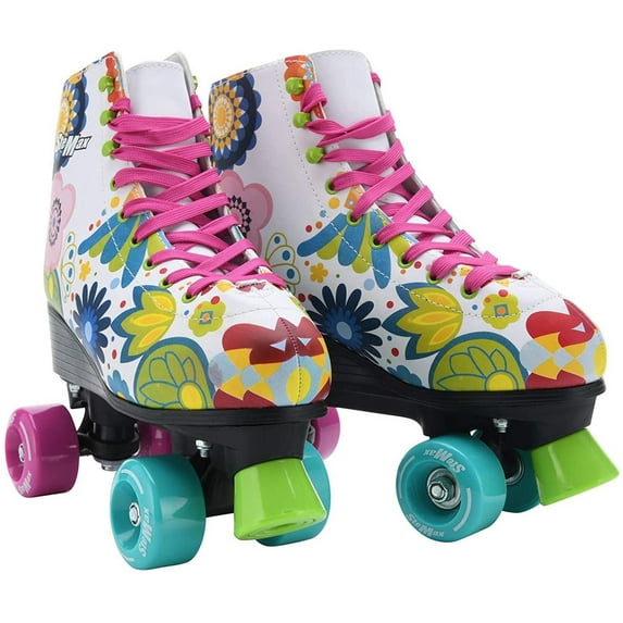 Stmax Quad Roller Skates for Girls and Women-Size 2.5 Kids to 8.5 Women -Outdoor, Indoor and Rink Skating- Classic High Cuff with Adjustable Lace System (Floral, 7 Adult)