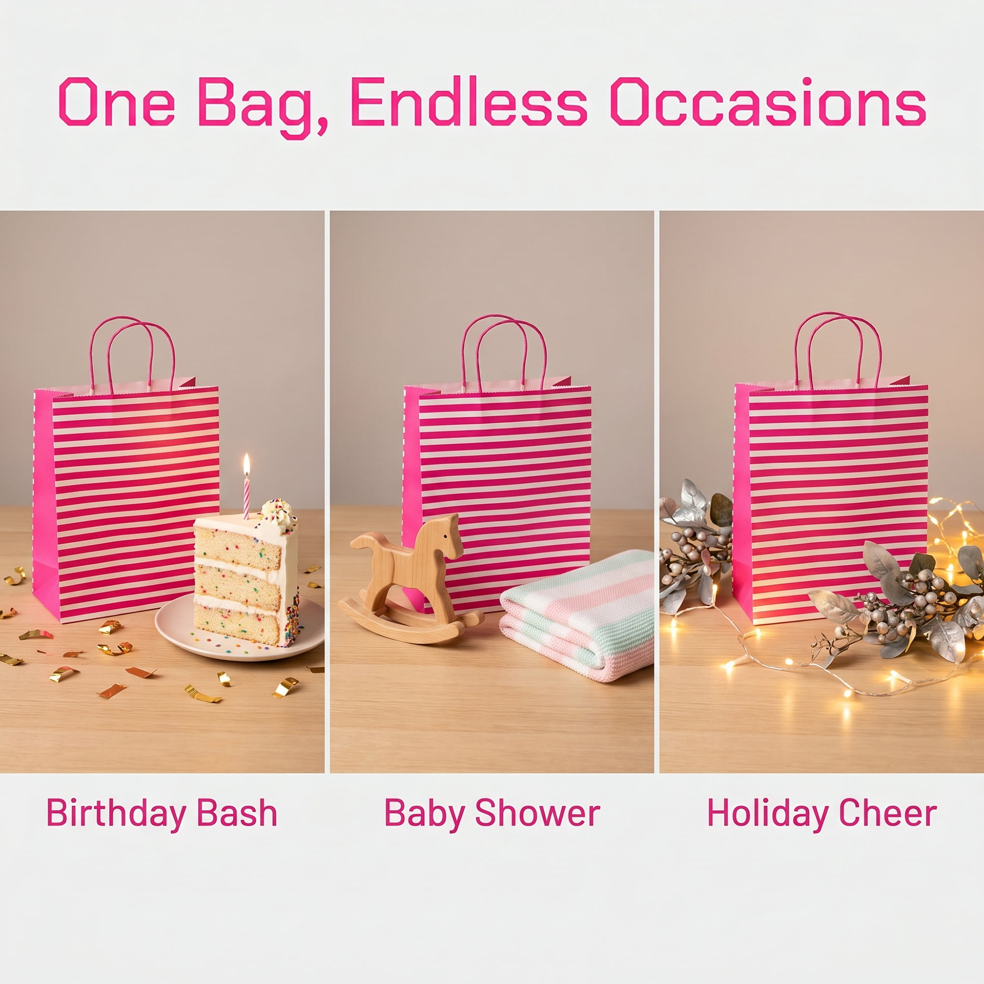 Unique Bargains Horizontal-stripe Gift Bag for All Occasions and Celebrations Rose Red 10.2" x 5" x 12.6"
