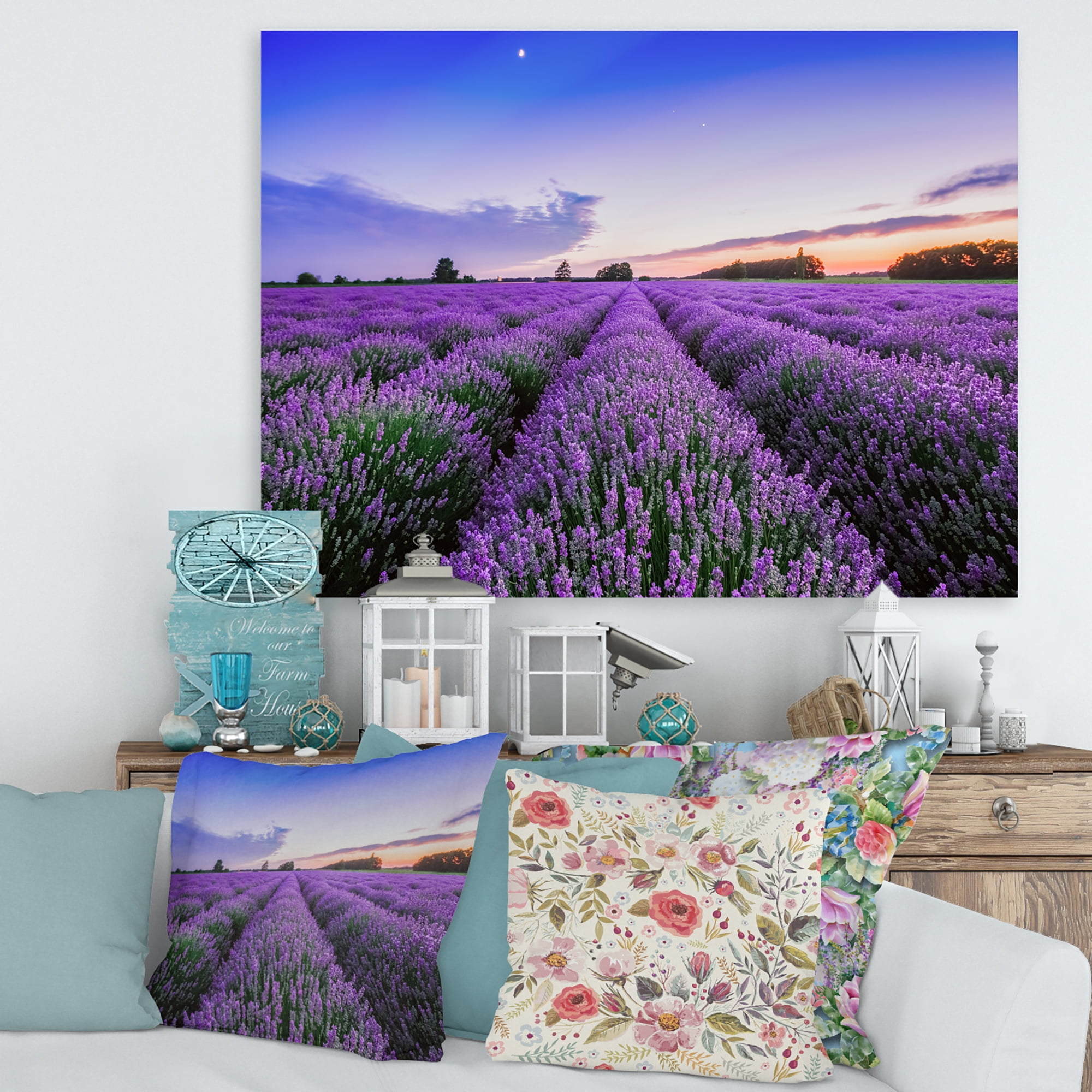 Designart ' Dramatic Clouds and Sunrise Over Lavender Field II ' Farmhouse Canvas Wall Art Print