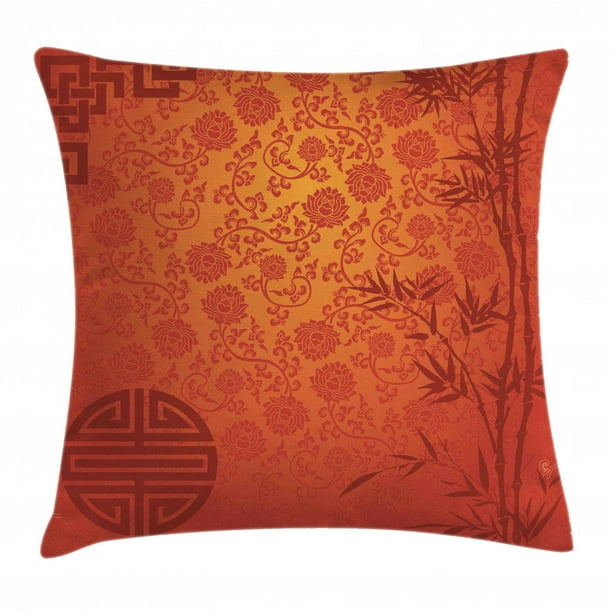 Asian Throw Pillow Cushion Cover, Eastern Ethnic Scenery with Branches