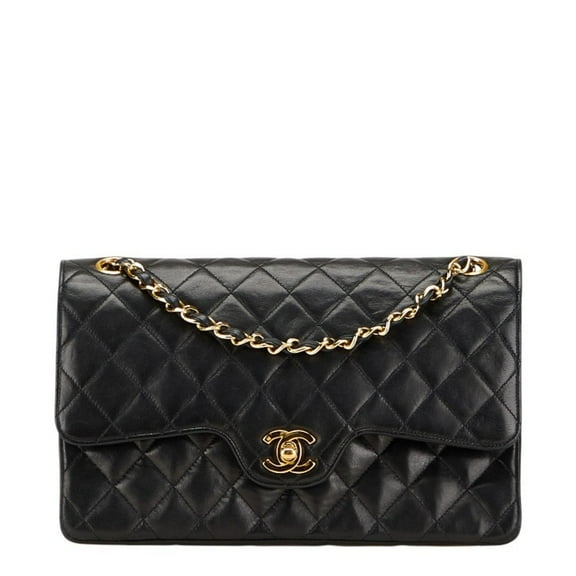 Pre-Owned CHANEL Matelasse Coco Mark Double Flap Chain Shoulder Bag in Black Lambskin... (Good)