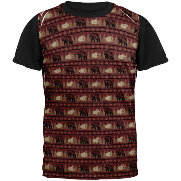 Grizzly Bear Adirondack Pattern Red All Over Mens Black Back T Shirt Multi SM