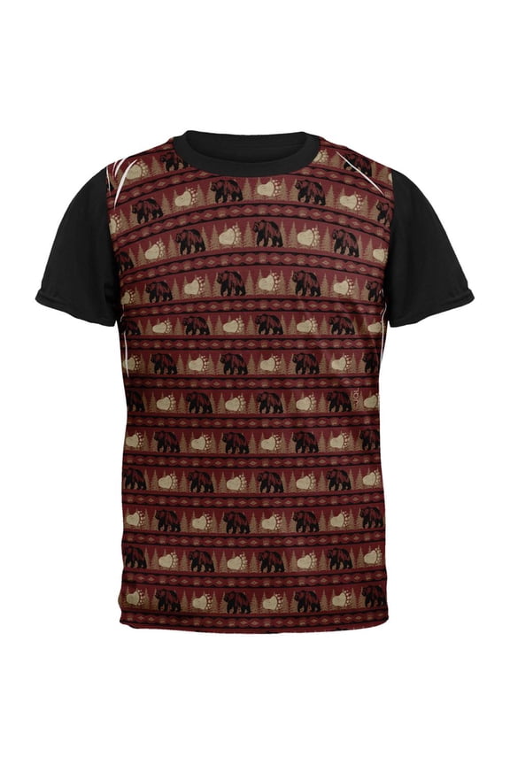 Grizzly Bear Adirondack Pattern Red All Over Mens Black Back T Shirt Multi SM