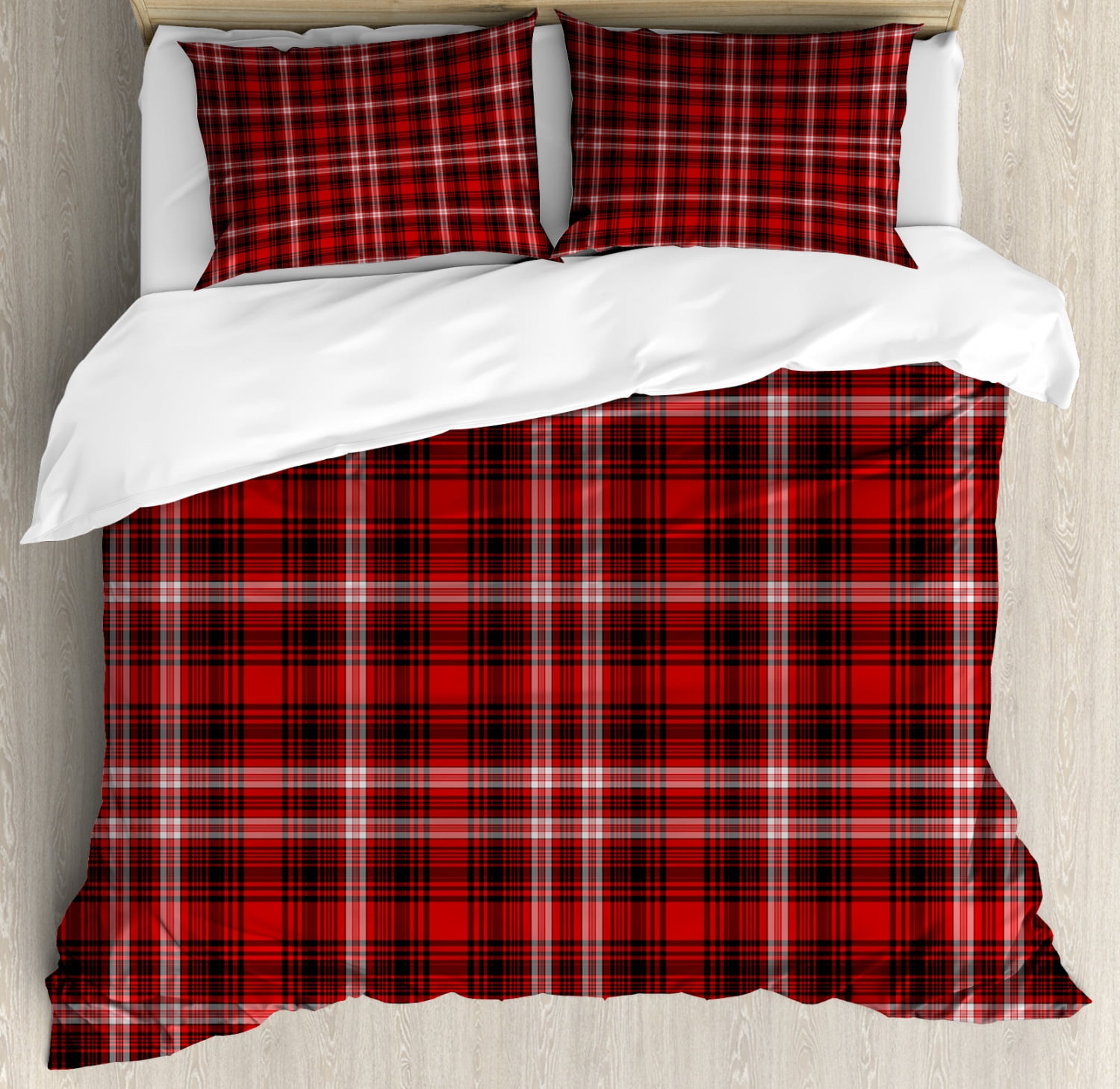 Plaid Duvet Cover Set Queen Size, Red Black And White Duvet Covers