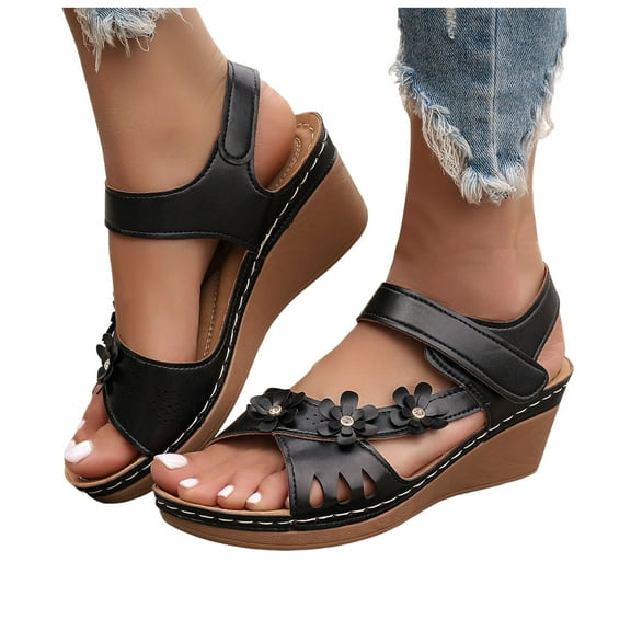 Flower Platform Wedge Sandals for Women 2025 Fashion Comfortable Rhinestones Arch Support Dressy Sandals