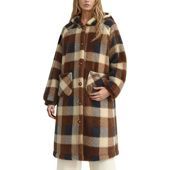 NAFUU Womens Jacket Trendy Long Heavyweight Jackets Full Length Plaid Hooded Coat Soft Warm Outdoor Winter Wear Women Clothing Jacket