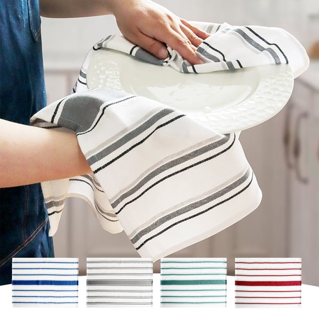 Paño de cocina con paño de cocina de algodón a rayas • Absorción superior de aceite • Tela suave y sin pelusa • Cordón colgante • Multiusos • 13,38×7 pulgadas • Gris, azul, verde, rojo