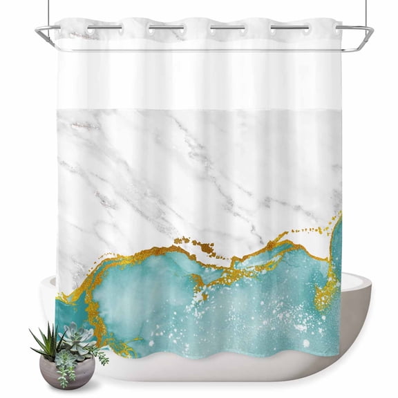 Teal Gold Marble No Hook Shower Curtain Abstract Wave Modern Luxury Shower Curtain with See Through Top Window, Waterproof Washable Fabric Curtain for Bathroom Hotel Decor, 72Wx78L