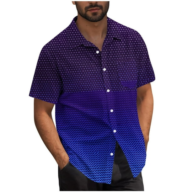 Mens Casual Manga Corta Botón Abajo Camisas Turndown Cuello Blusa de Impresión, Poliéster Ligero Top de la Moda para el Verano Al Aire Libre Y el Uso Diario