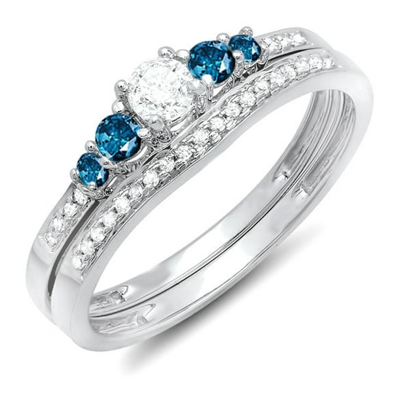 Dazzlingrock Collection 0.45 Carat (ctw) 10k Round Blue & White Diamond Ladies 5 Stone Engagement Ring Set, White Gold, Size 8