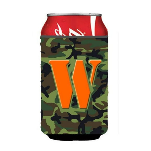 Letter W Initial Monogram - Camo Green Can Or Bottle  Hugger