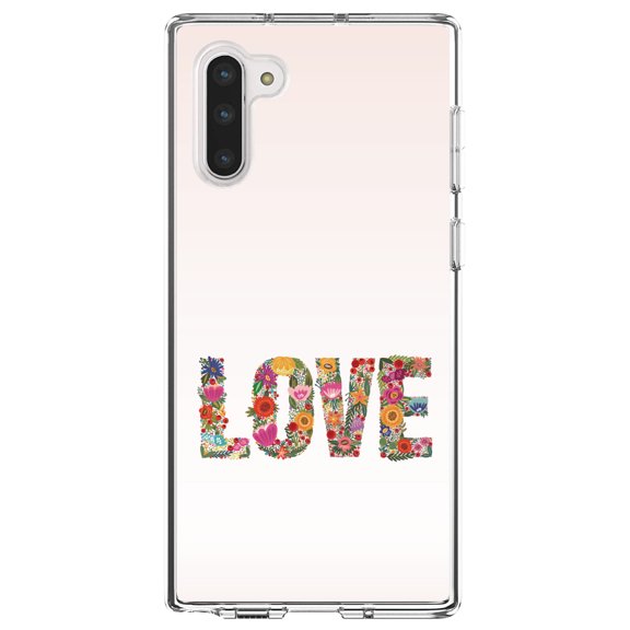 DistinctInk Clear Shockproof Hybrid Case for Samsung Galaxy Note 10 (6.3" Screen) - TPU Bumper, Acrylic Back, Tempered Glass Screen Protector - Spring Collection - Floral LOVE Flowers