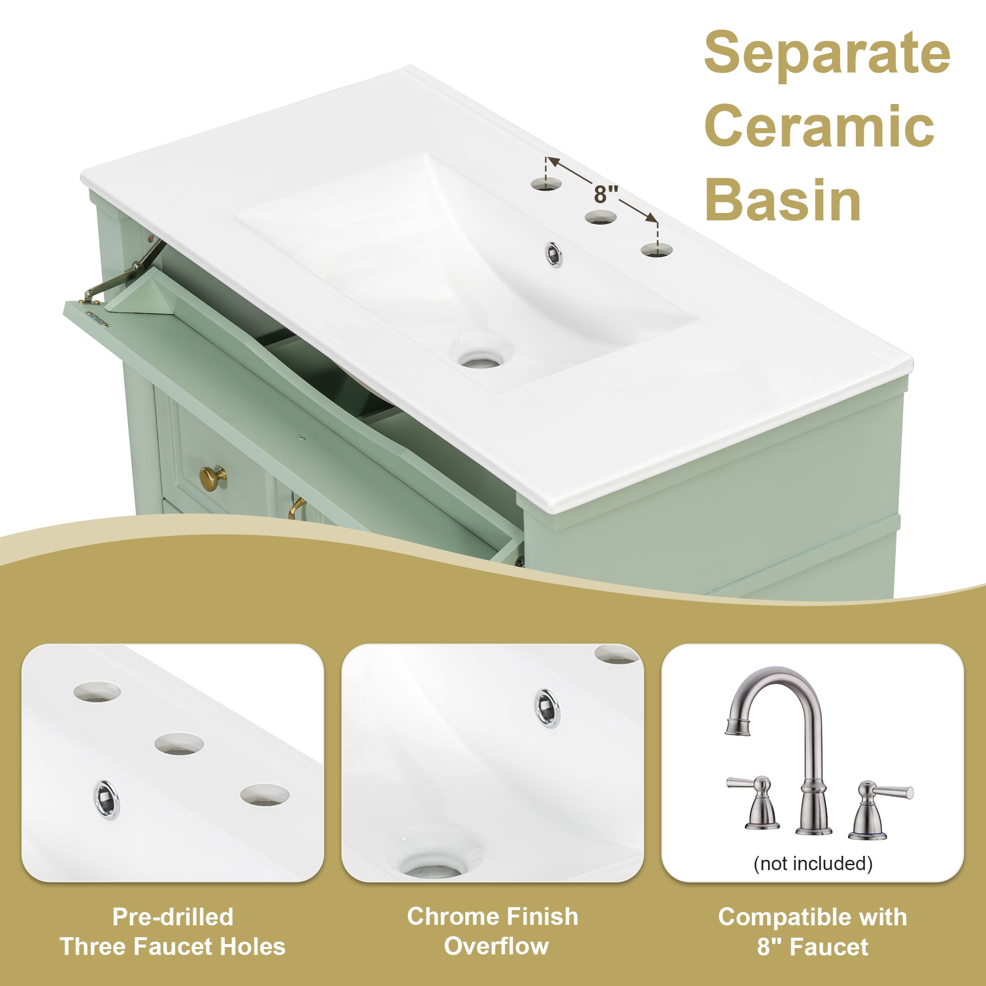 Alvantor 36" Bathroom Vanity with Ceramic Sink, Freestanding Storage Cabinet with Flip Drawers Green