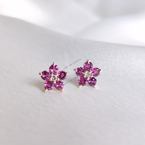 Natural Rhodolite Garnet & White Topaz Studs, 14K Solid Yellow Gold Stud Earrings, Garnet Studs, Gemstone Flower Studs, December Birthstone
