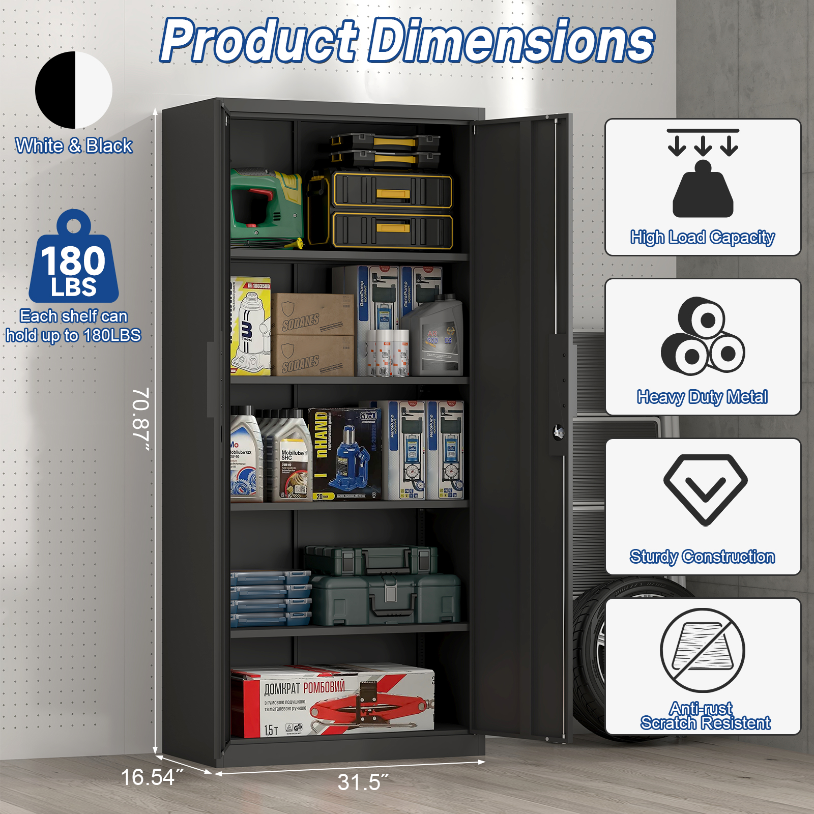 Marcree 71''H Metal Storage Cabinet, Locking Black Steel Cabinet with Doors and Shelves, Metal Cabinets for Garage, Kitchen Pantry,Tall File Cabinet for Home Office