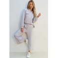 thumbnail image 3 of Women's Light Grey Solid Textured Collared V-Neck Top and Wide Leg Pants Set, 3 of 12