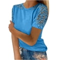 thumbnail image 3 of Women's Lace Pullover Blouse Top Short Sleeve Round Neck Solid Color Loose Fit Elegant Casual Summer Fashion Gift | CSEONE,Blue L, 3 of 9