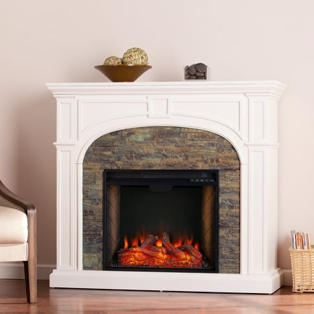 

SEI Furniture Lambert Freestanding Smart Electric Fireplace in White with Faux Stone