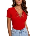 thumbnail image 2 of hotojiny Going out Tops for Women V Neck Lace up Trendy Outfit Slim Fit Fashion Short Sleeve Summer Clothes S-2XL, 2 of 7