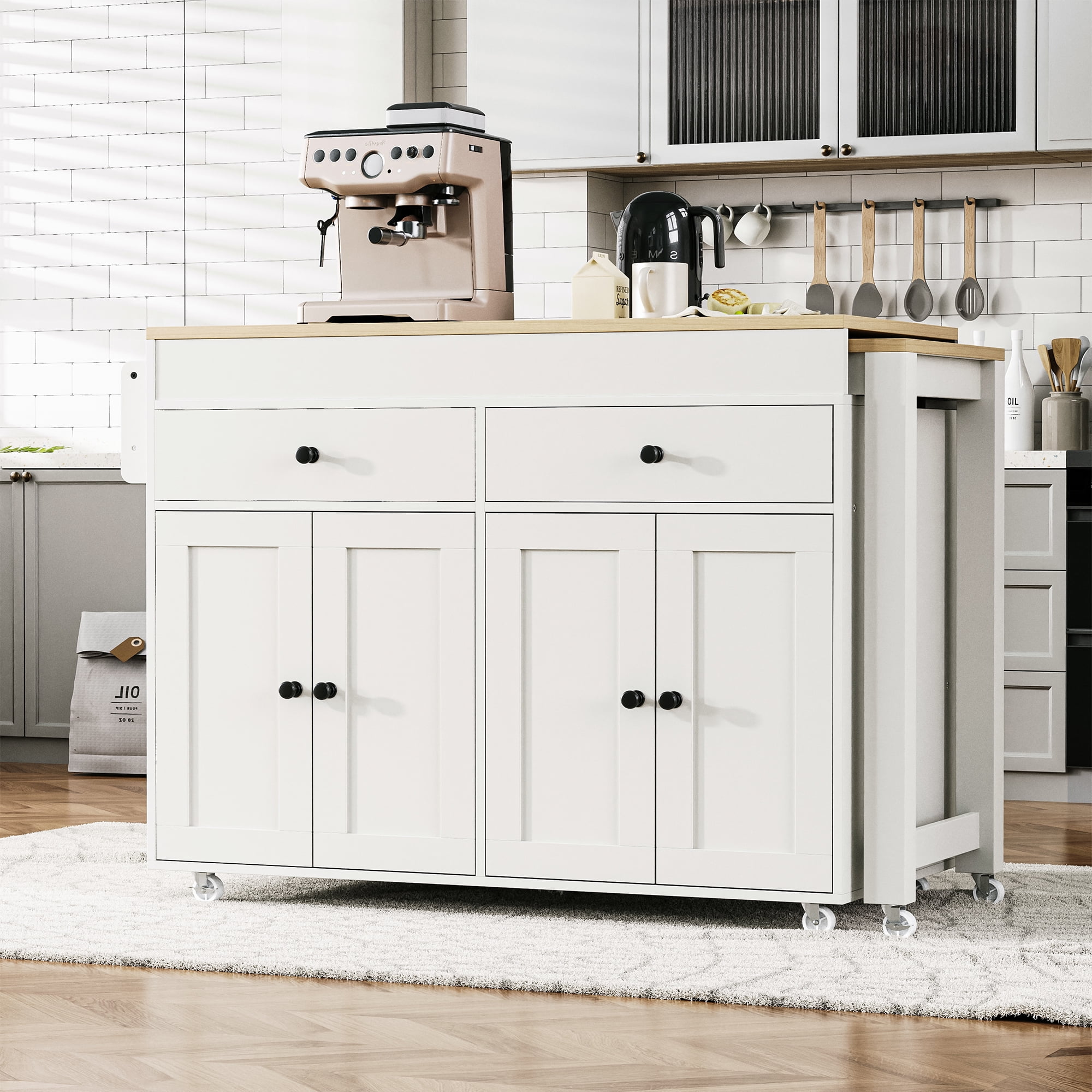 Mintazer 74.5" Rolling Kitchen Island with Extendable Dining Table, Kitchen Storage Cart with Spice Rack and 2 Drawers 4 Doors for Kitchen, Dining Room, White