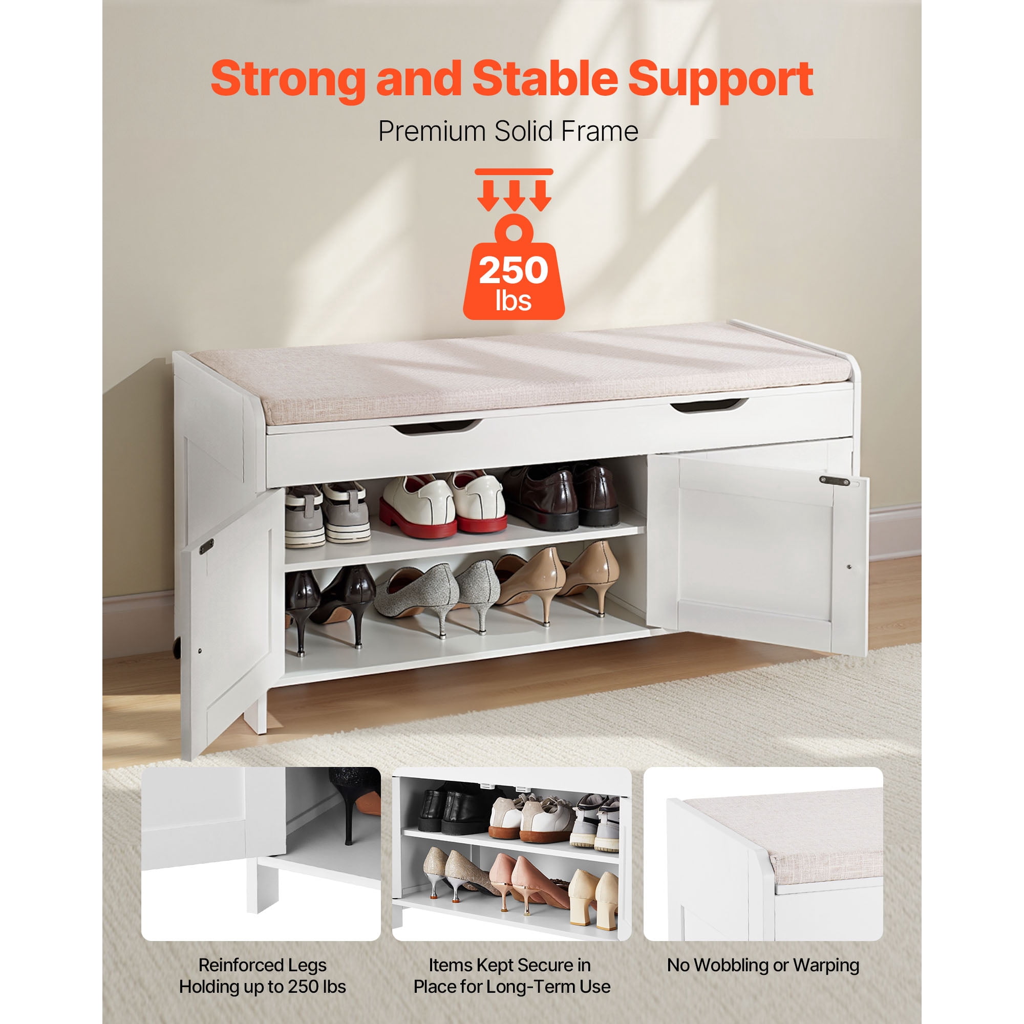 KFFKFF Entryway Bench with Lift-Top Storage, 41.3 x 13.8 x 19.8 Inch Shoe Rack with Cushion, 250lbs Capacity, 3 Cabinets and Adjustable Shelf, for Bedroom or Hallway, White and Black