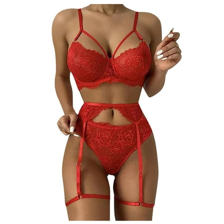 

KDDYLITQ Womens Lace Lingerie Strappy Plus Size Babydoll Lingerie Set Teddy Sexy Bra and Panty Sets with Garter Red L