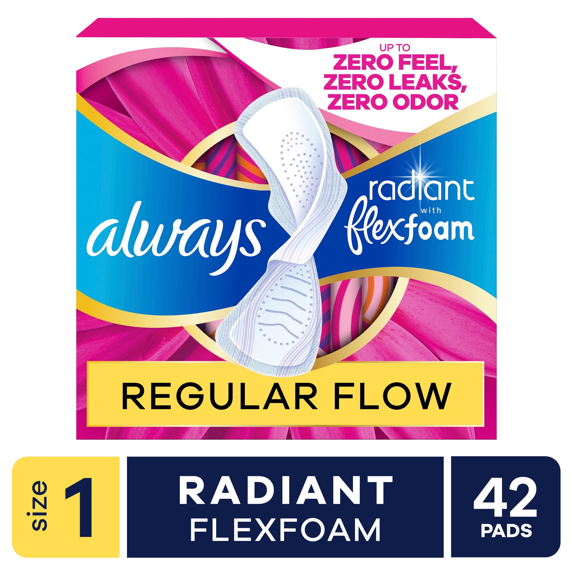 Always Radiant with FlexFoam Pads, Size 2, Heavy, Wings, 48 Count