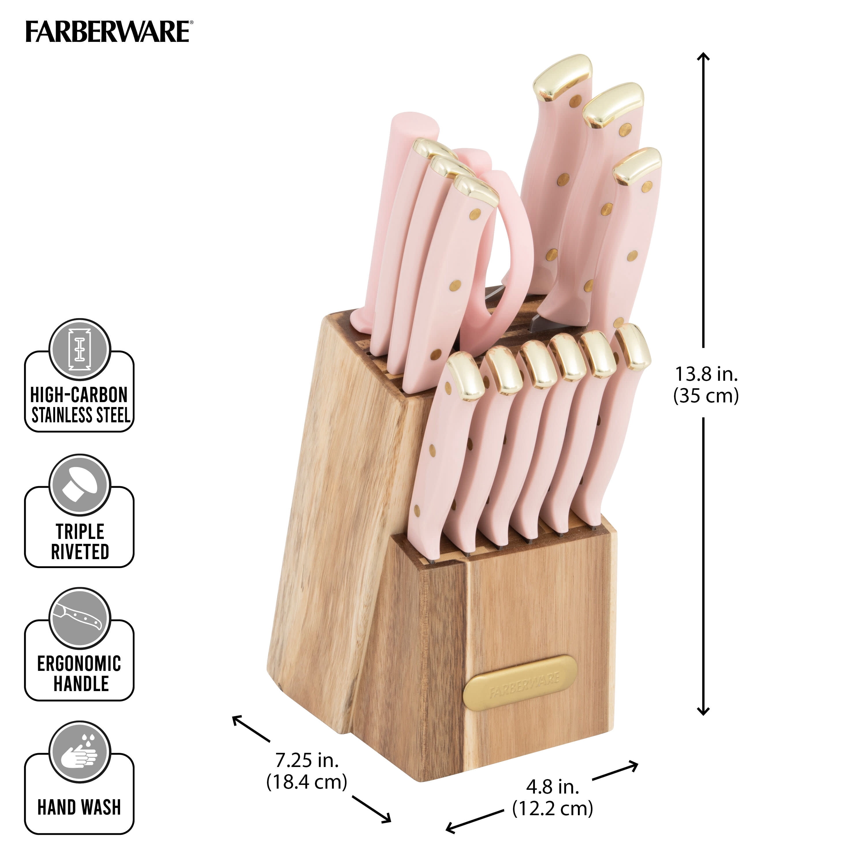 Farberware 15-Piece Triple Riveted Stainless Steel Knife Set with Acacia Block Blush Gold