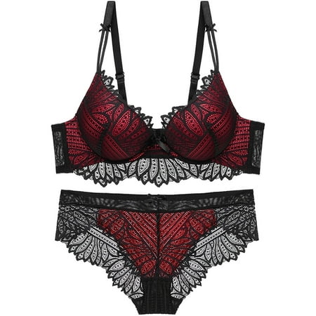 

Fashionable Lace Women Small Chest Lace Embroidered Steel Underwear Suit Bra & Brief Sets XL