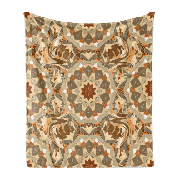 Tan and Brown Soft Flannel Fleece Throw Blanket, Traditional Round with Retro Floral Elements Abstract Style, Cozy Plush for Indoor and Outdoor Use, 60" x 80", Multicolor, by Ambesonne