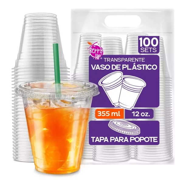 Berry Hip 100 Vasos de Plastico de 12 oz (355 ml) con Tapa Plana, Perfecta para Popotes, Transparentes, Vasos Perfectos para Llevar Café, Chocolate, Bebidas Frias, Batidos, Malteadas Best Trading VTP12-2