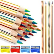 48 Pcs Rainbow Colored Pencils, 7 Color in 1 Rainbow Pencil for Kids, Wooden Colored Pencil Multi Colored Pencils Bulk with 4 Pieces Sharpener for Kids Adults Art Drawing (Straight and Curved Line)
