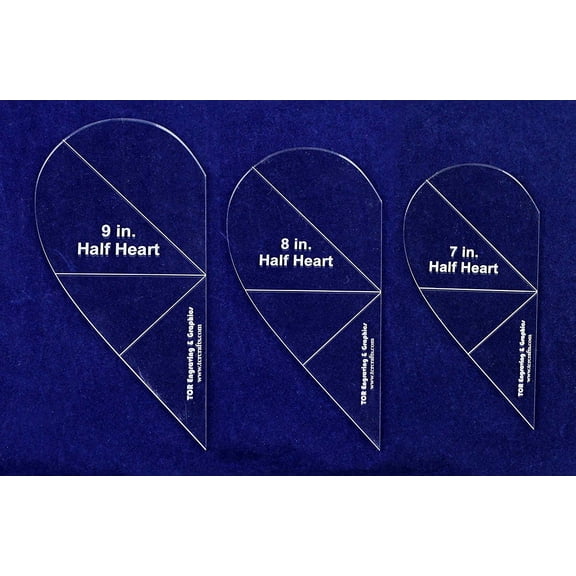 Half Heart Template 3 Piece Set. 7", 8", 9" - Clear 1/8" Thick w/ Guidelines