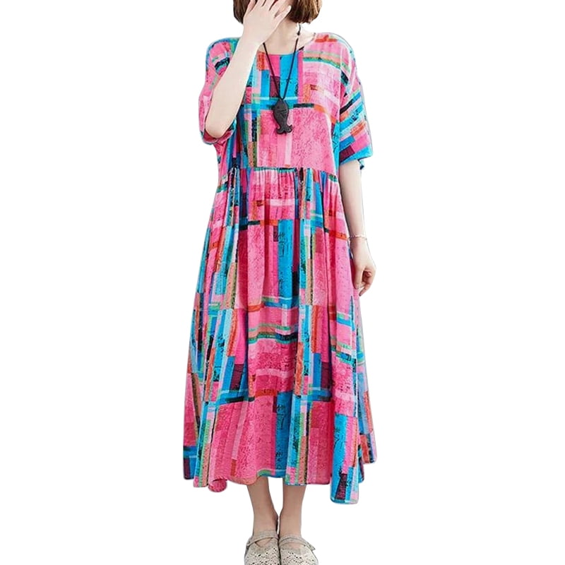 ZANZEA Women Summer Short Sleeve Vintage Printed Maxi Dress Casual ...