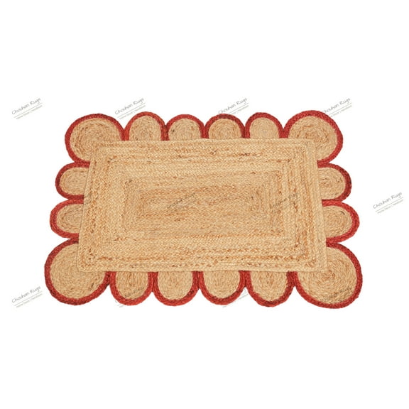 Area Rug Natural Jute Hand Braided Rug Red Scalloped
