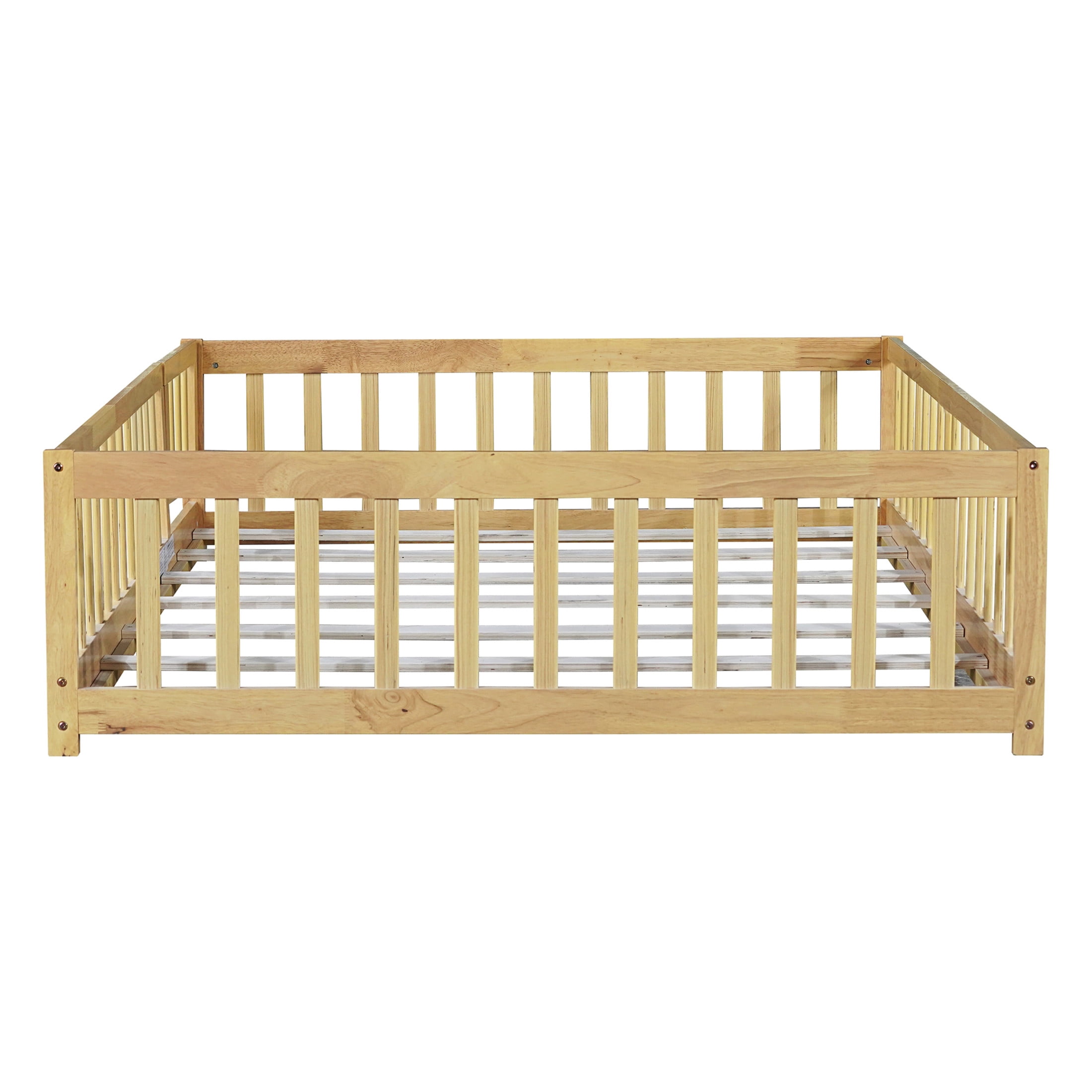 Noble House Mira Full Floor Bed with Fence and Door, Sturdy Rubber Wood Montessori Bed Frame, Kid's Room, Natural