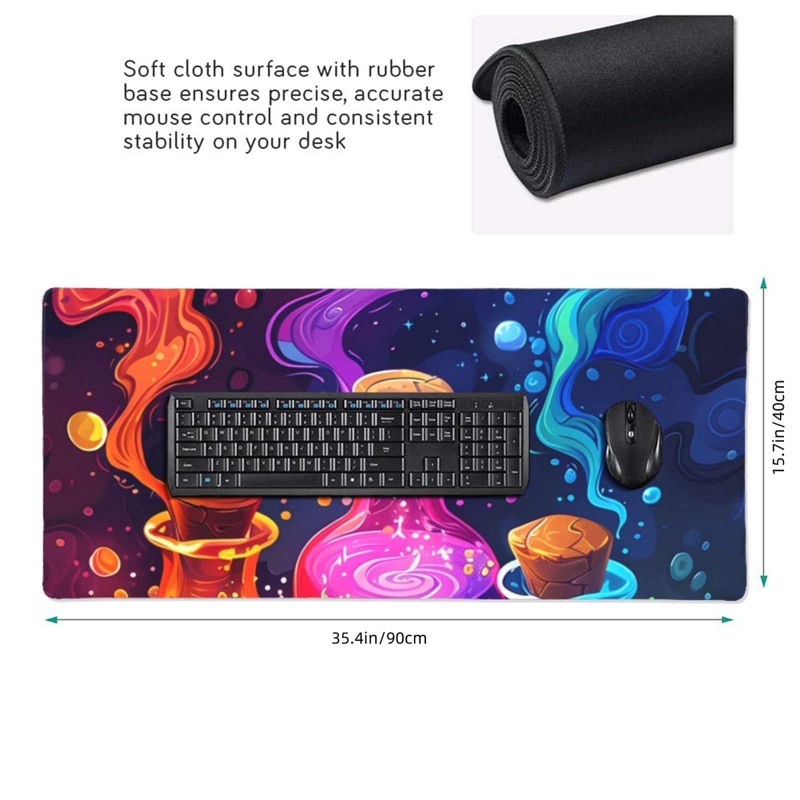 Hirioo Colorful Potion Bottles Magic for Mouse Pad ,Anti-Slip Base, Durable Stitched Edges, Perfect for Gaming, Office, and Home Use,16x35.5in