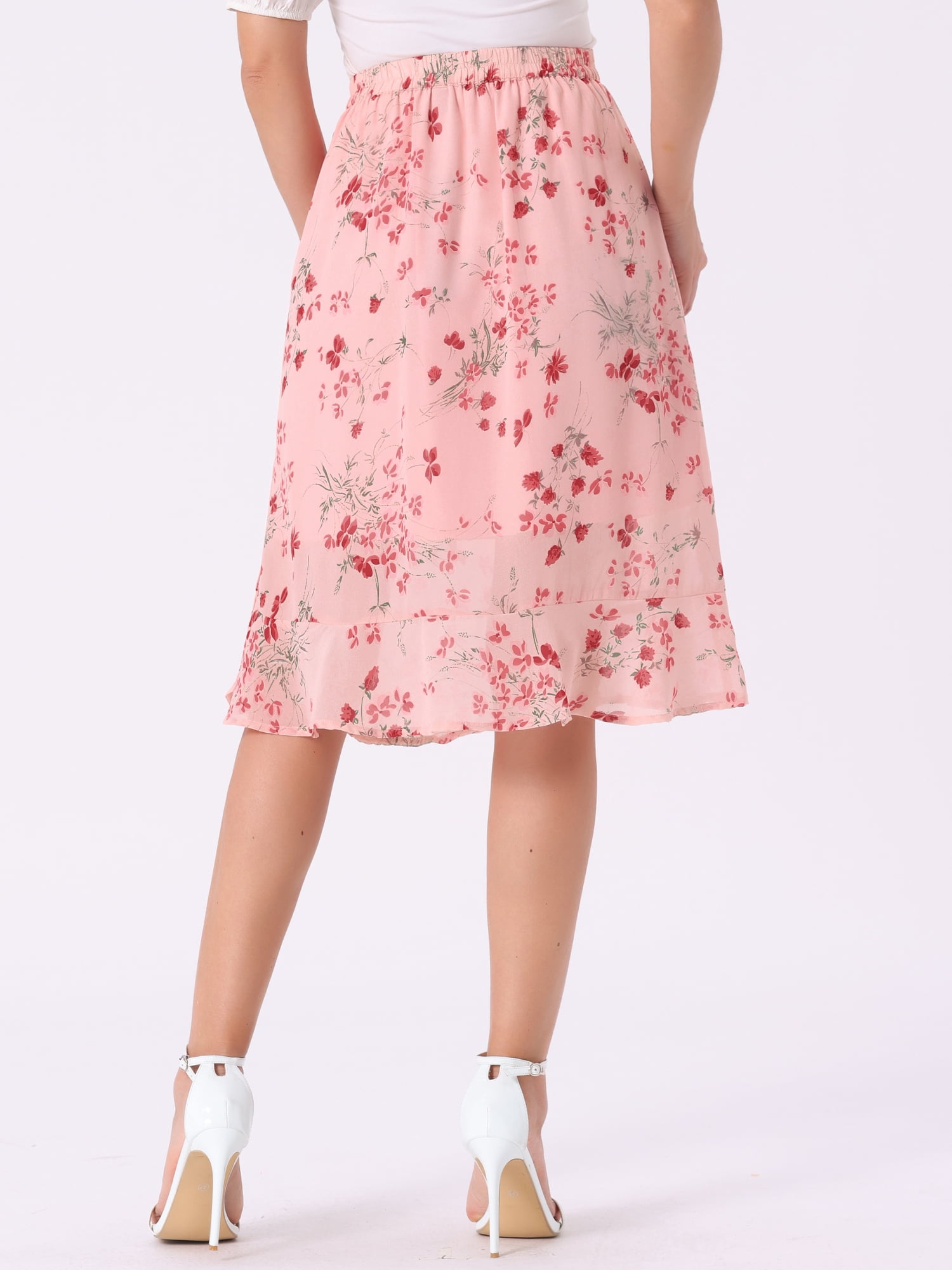 DARING DIVA Women's Floral Ruffle Hem Elastic Back Split Skirt XS Light Pink